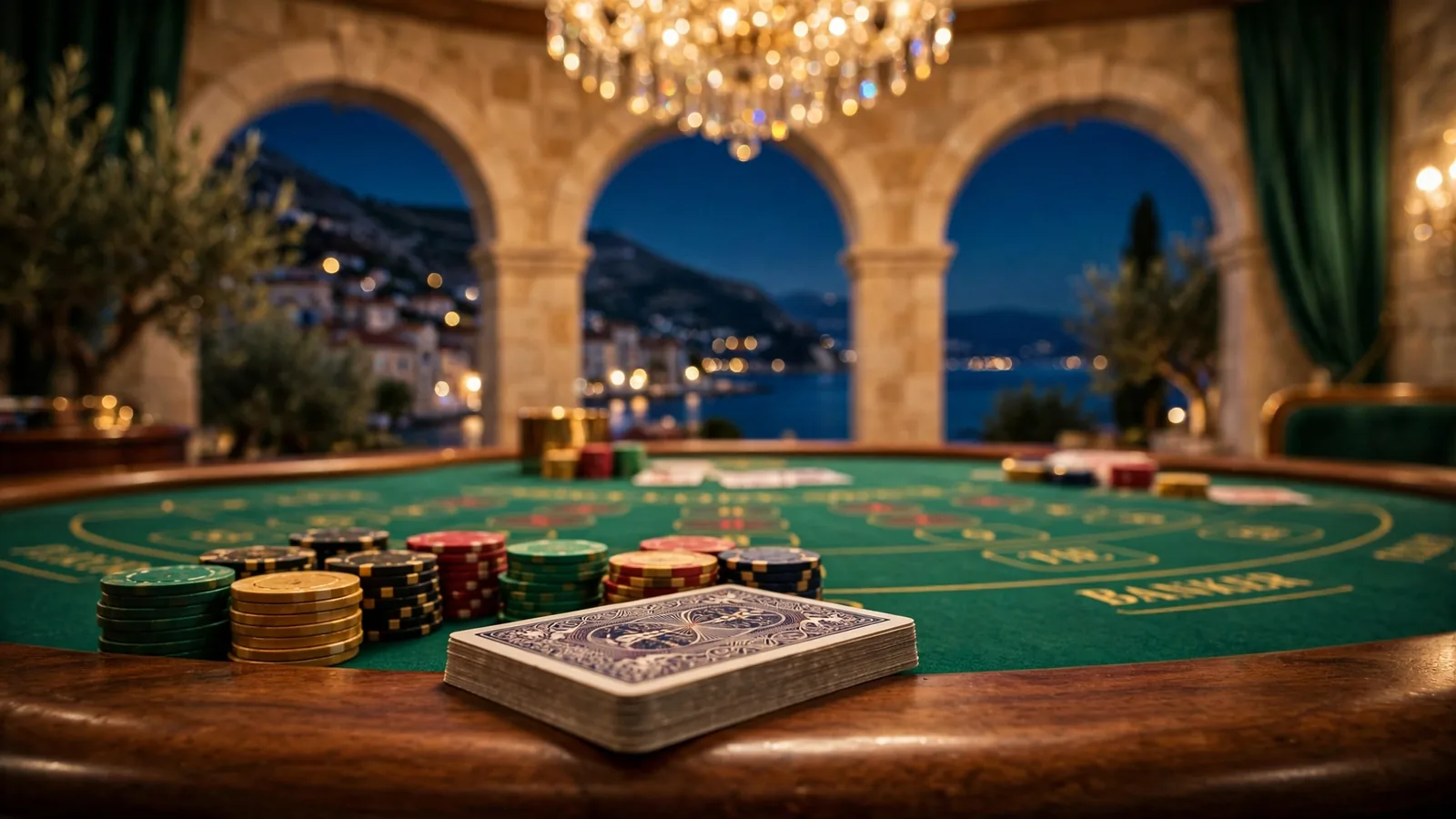 Elegantan stol za baccarat s hrpom zlatnih žetona i karata u hrvatskom casinu