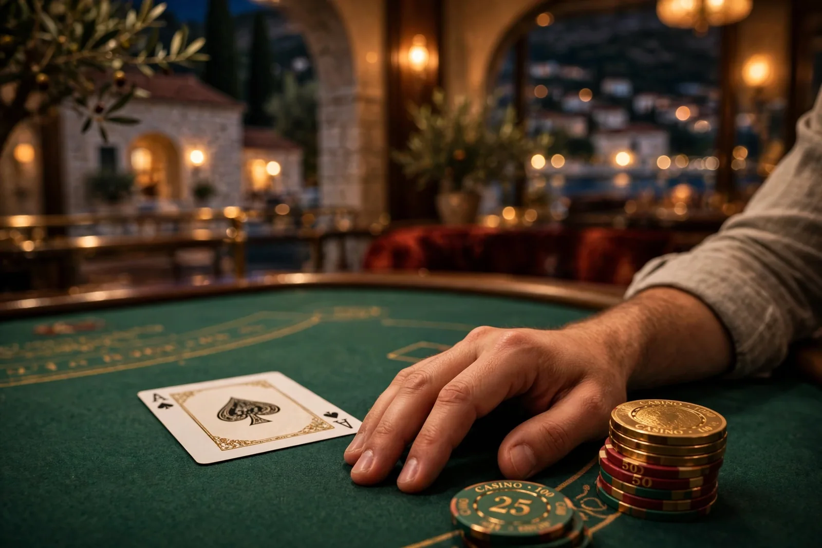 Elegantna krupijeova ruka i igračeve žetone za stolom za blackjack u hrvatskom casinu
