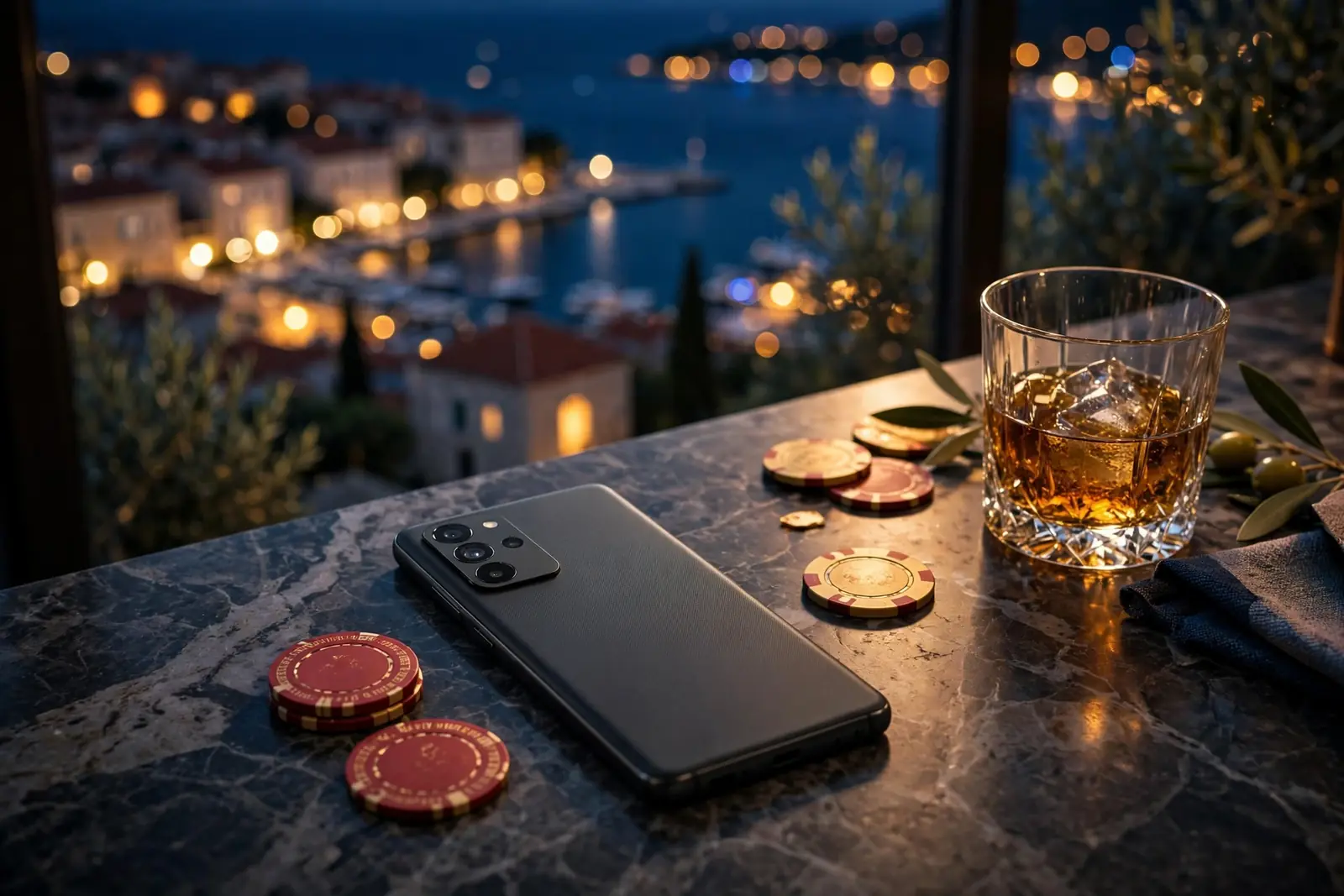 Android telefon na stolu s kockarskim žetonima u hrvatskom casinu