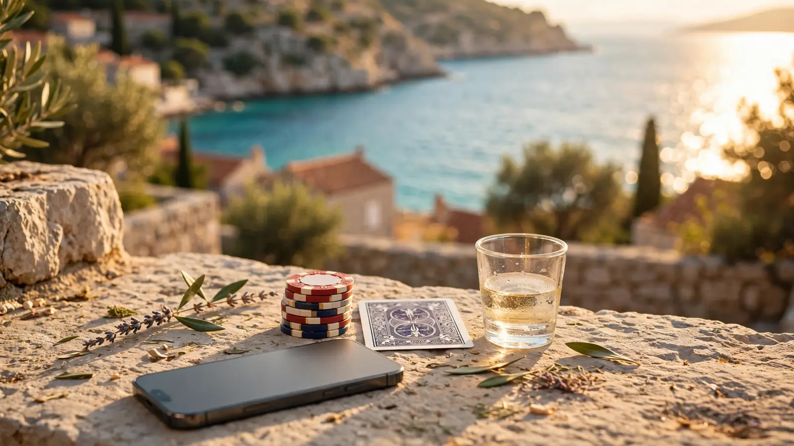 iPhone na terasi s pogledom na Jadransko more, uz čipove i kartu