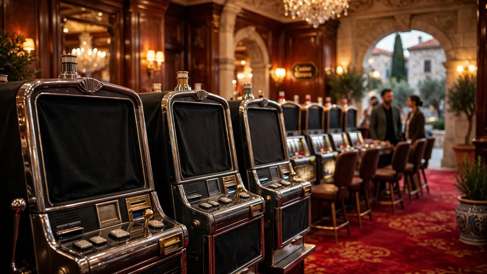 Luksuzni interijer casina u Hrvatskoj sa slot automatima u toplom zlatnom i crvenom osvjetljenju