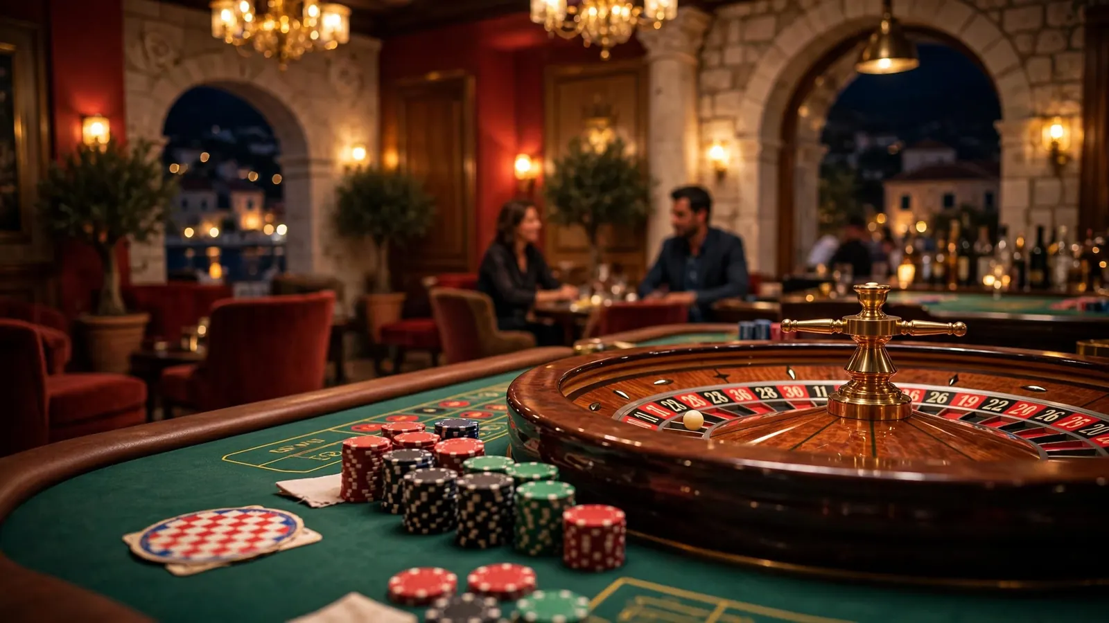 Stilizirani interijera casina u Hrvatskoj s roulette stolom i ulozima.