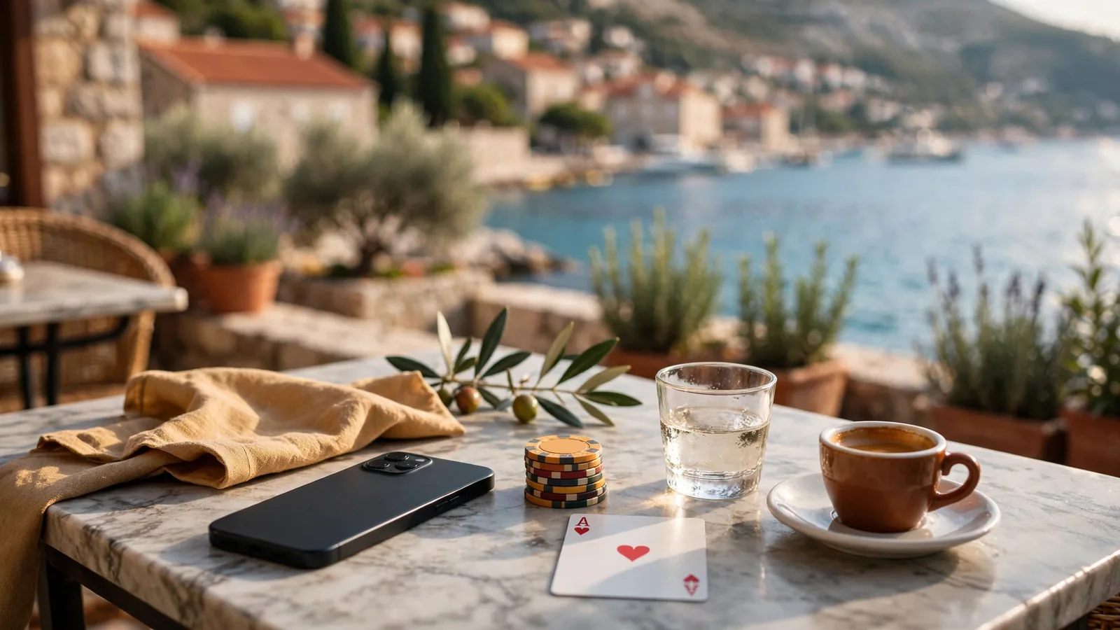 Pametni telefon okrenut na stolu uz žetone i karticu na terasi u Hrvatskoj