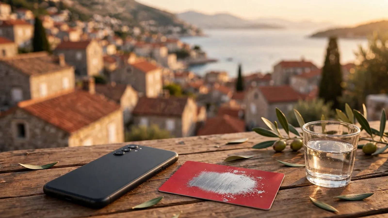 Pametni telefon uz Paysafecard bon na stolu u hrvatskom primorskom kafiću
