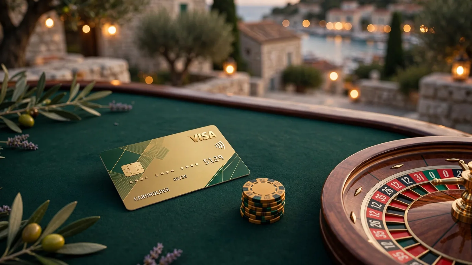 Visa kartica na zelenom stolu casina uz čipove i rulet