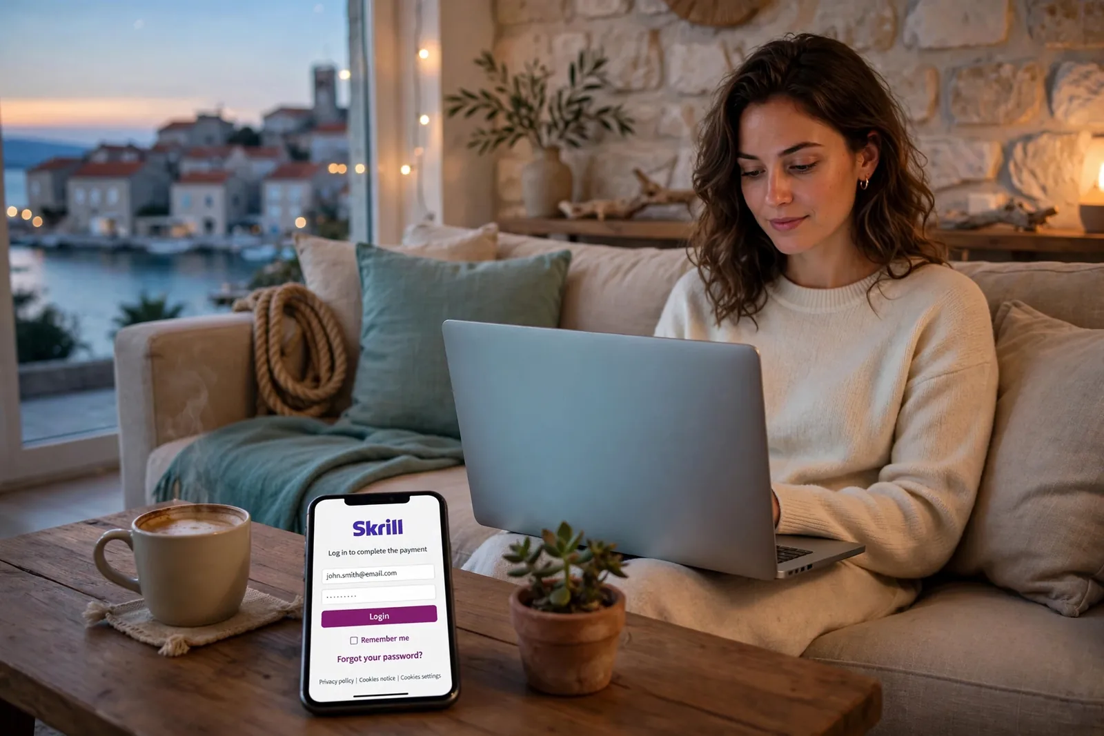 Žena u modernom hrvatskom stanu koristi laptop uz Skrill e-novčanik na telefonu