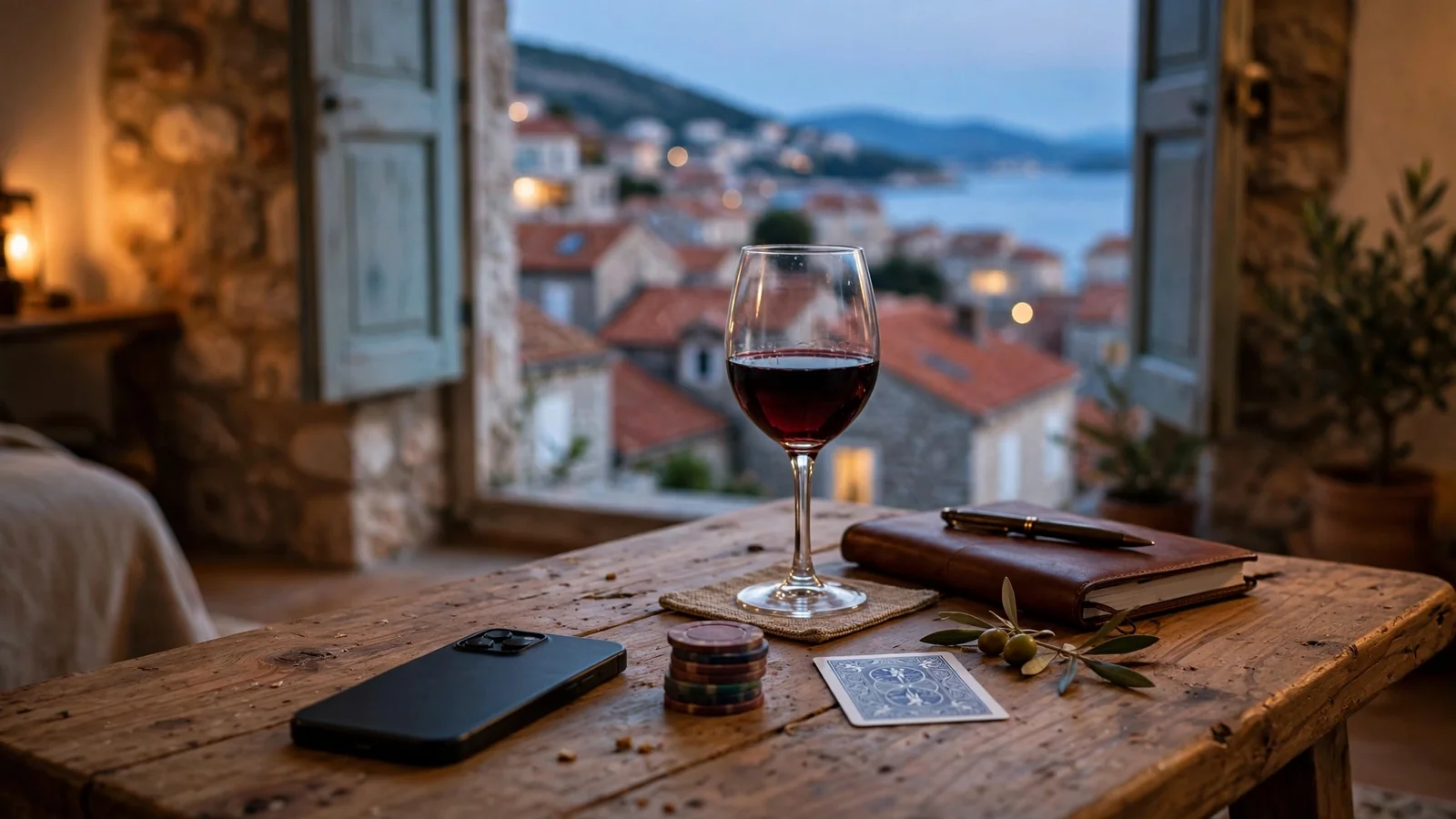 Hrvatski stol s čipovima i telefonom uz prozor s pogledom na dalmatinski grad