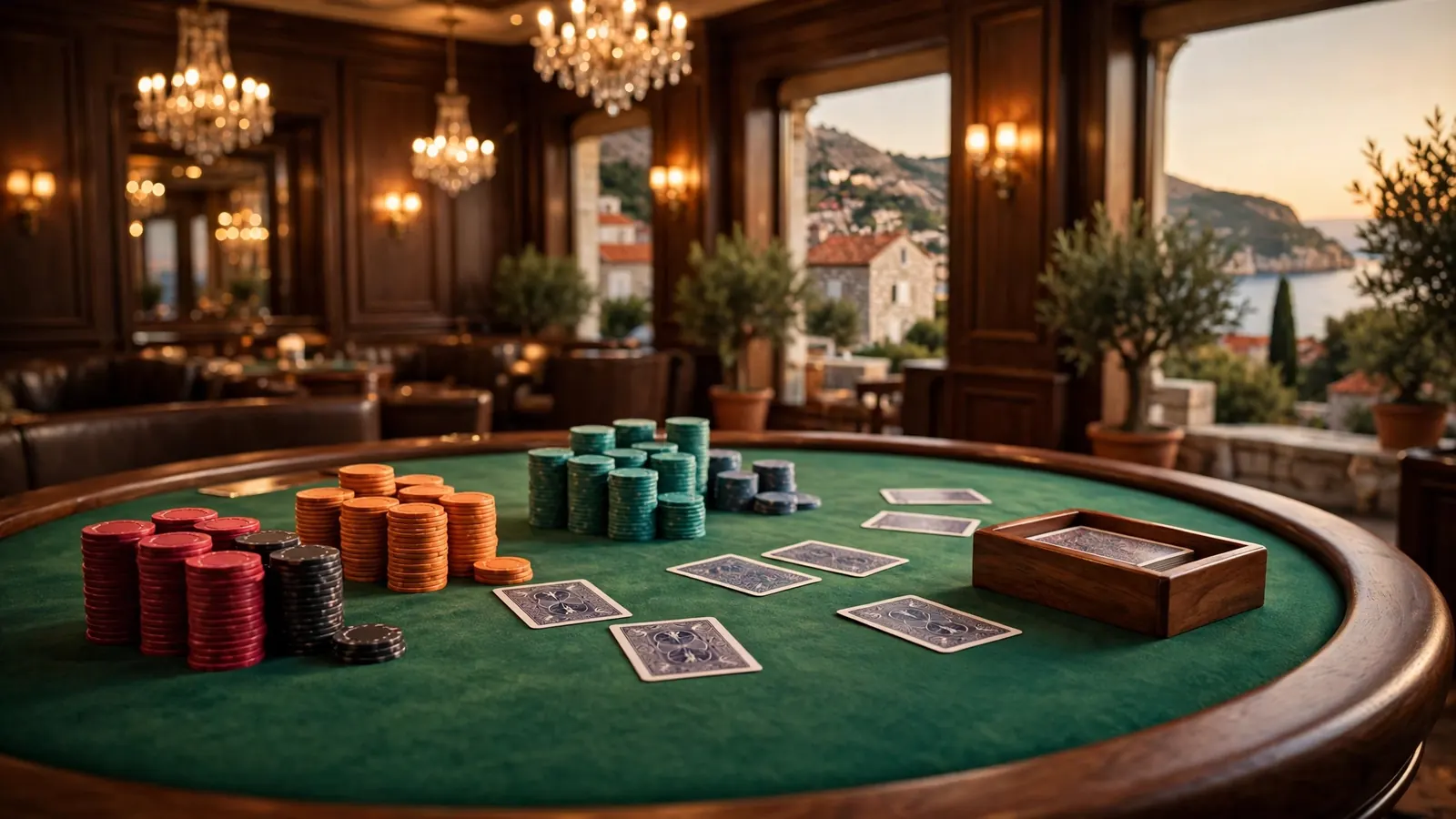 Elegantni blackjack stol u hrvatskom casinu s ulošcima i kartama