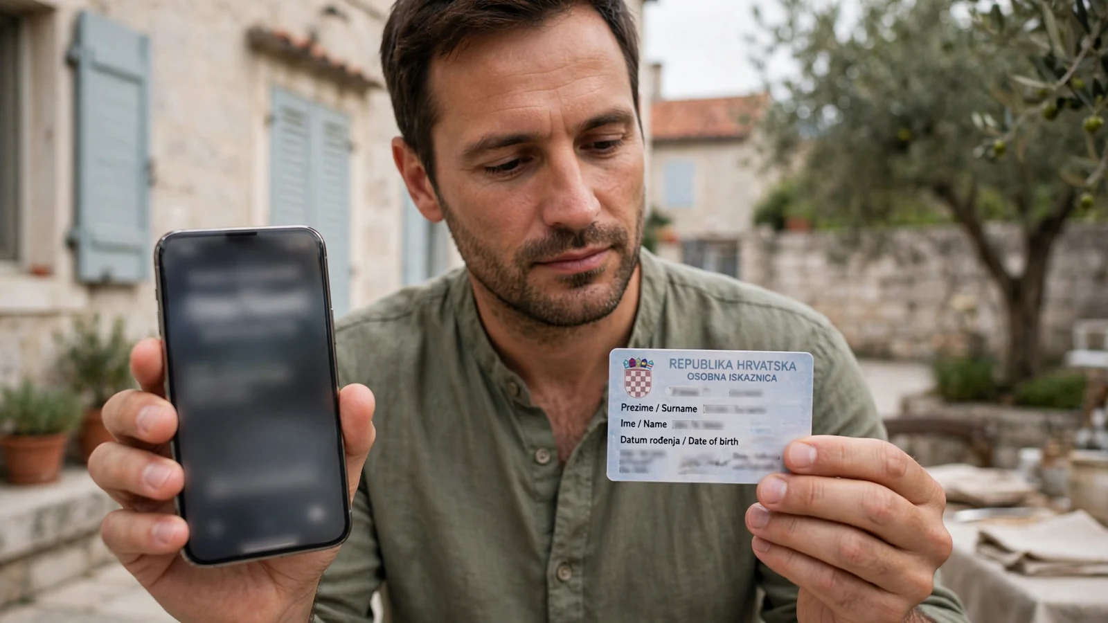 Osoba drži pametni telefon i osobnu iskaznicu za identifikaciju