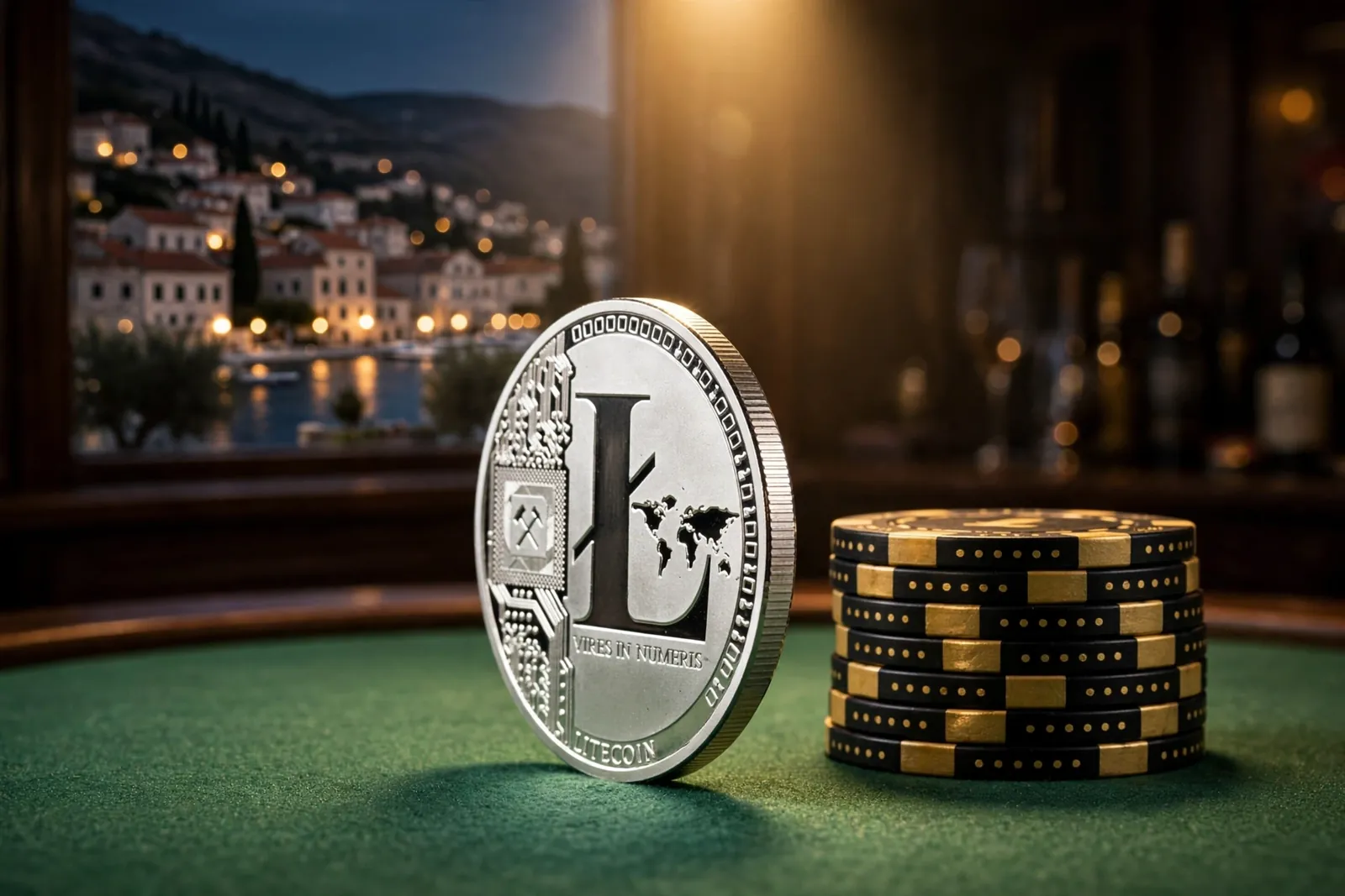 Srebrnjak Litecoin na zelenom stolu kasina s hrpom žetona za poker