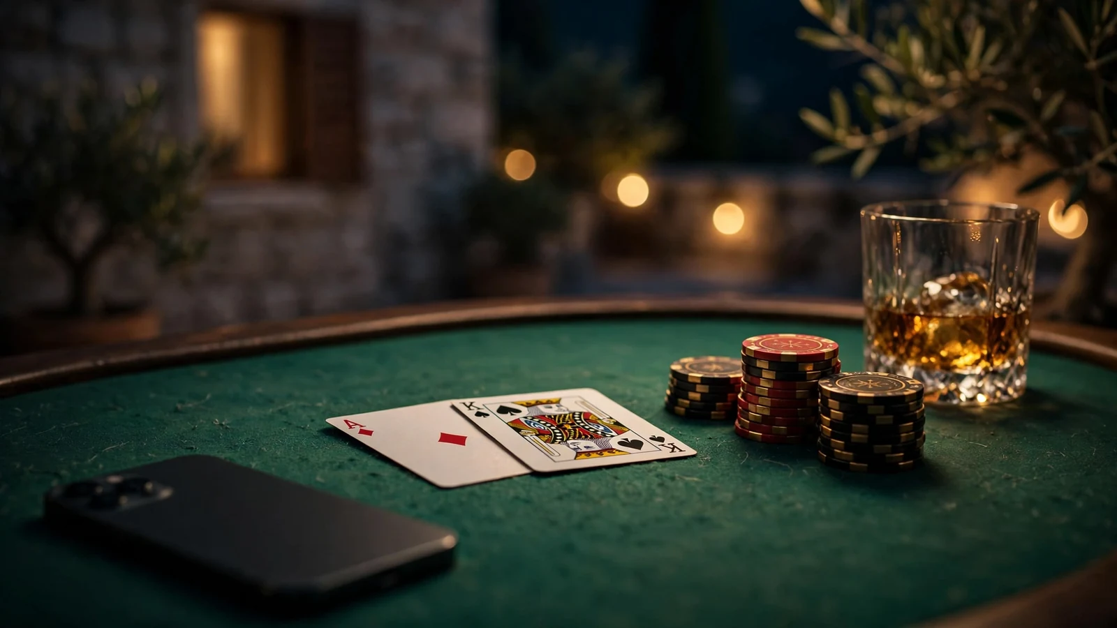 Elegantni blackjack stol s dijeljenim kartama i žetonima u toplom noćnom svjetlu