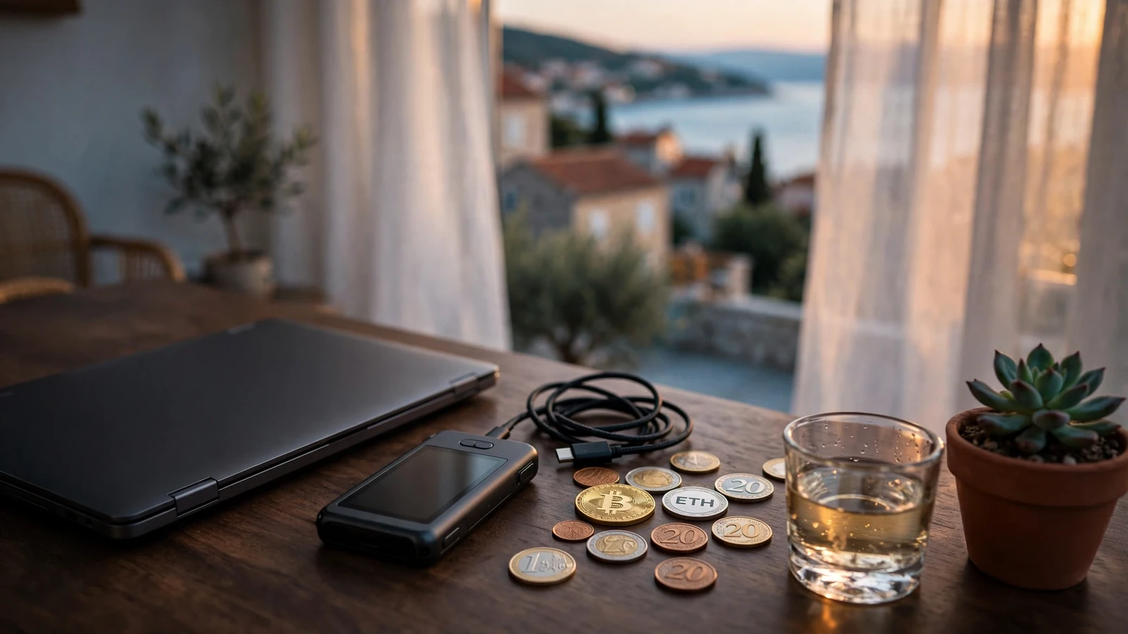 Kripto novčanik i laptop na stolu uz jadransku obalu